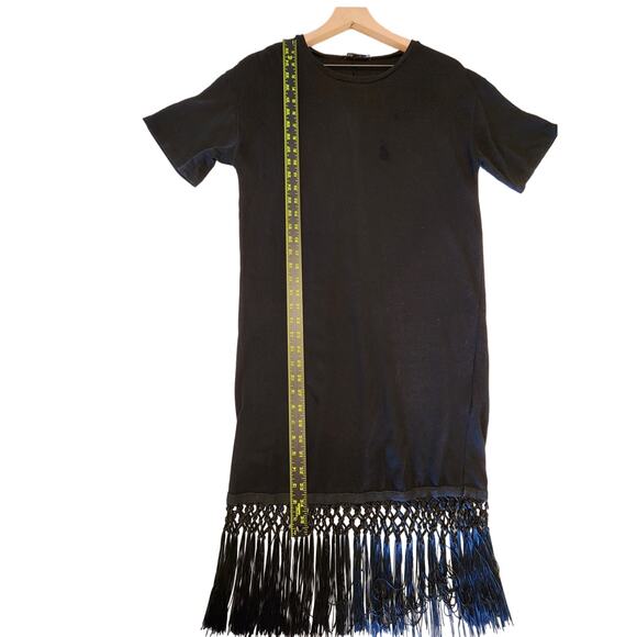 Zara Black Crewneck Short Sleeve Dress Fringe SZ Small Minimalist - Picture 7 of 9